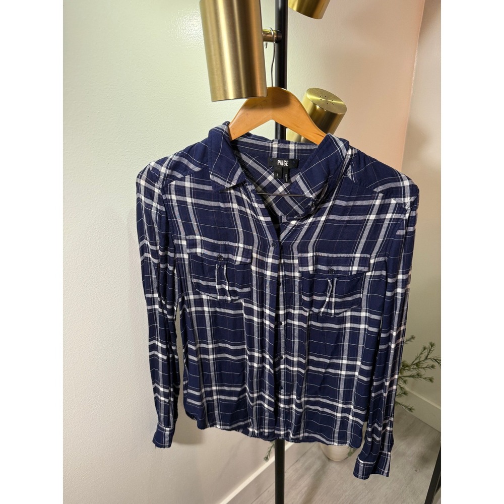 PAIGE Navy Blue White Plaid Viscose Button Down Shirt Metallic Detail Womens S